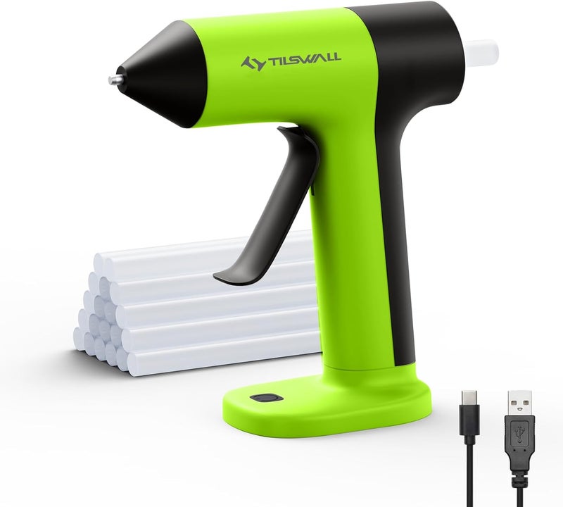 TILSWALL 4V Cordless Hot Glue Gun, 2000mAh Type-C Rechargeable, Rapid 30s Preheat with 20 Glue Sticks, Ideal for DIY Crafts, Home Repairs, and Gift Making - Green - Image 1